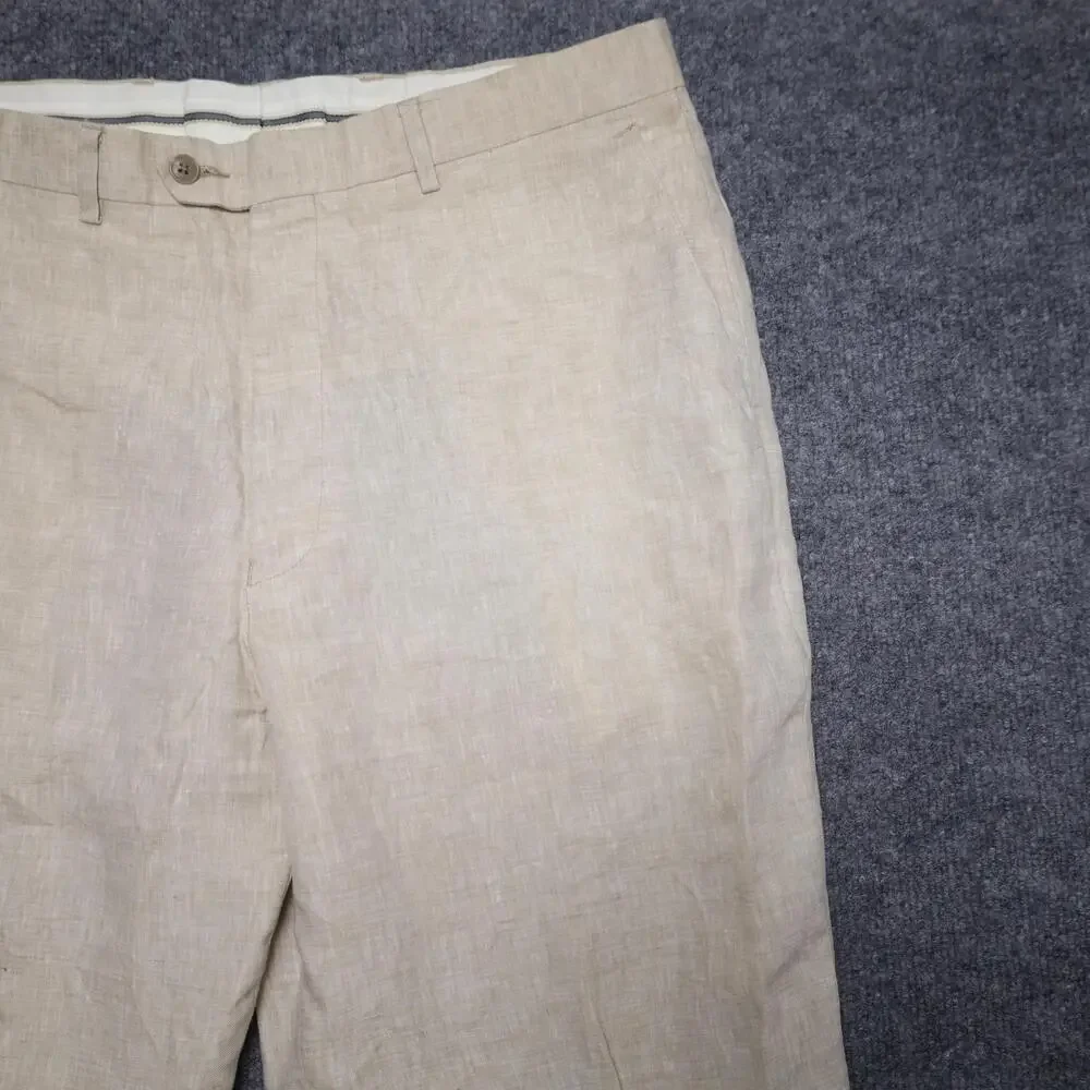 Franco Lotti Dress Pants Mens 36 Beige Linen Lined Flat Front Summer Trousers